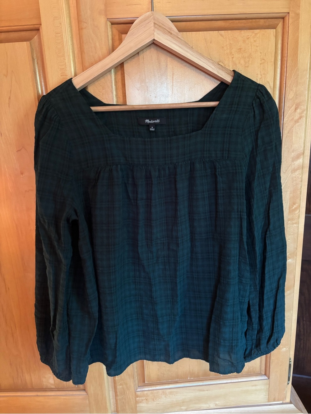 Madewell Size Medium Dark Green Plaid Square-Neck Peasant Top